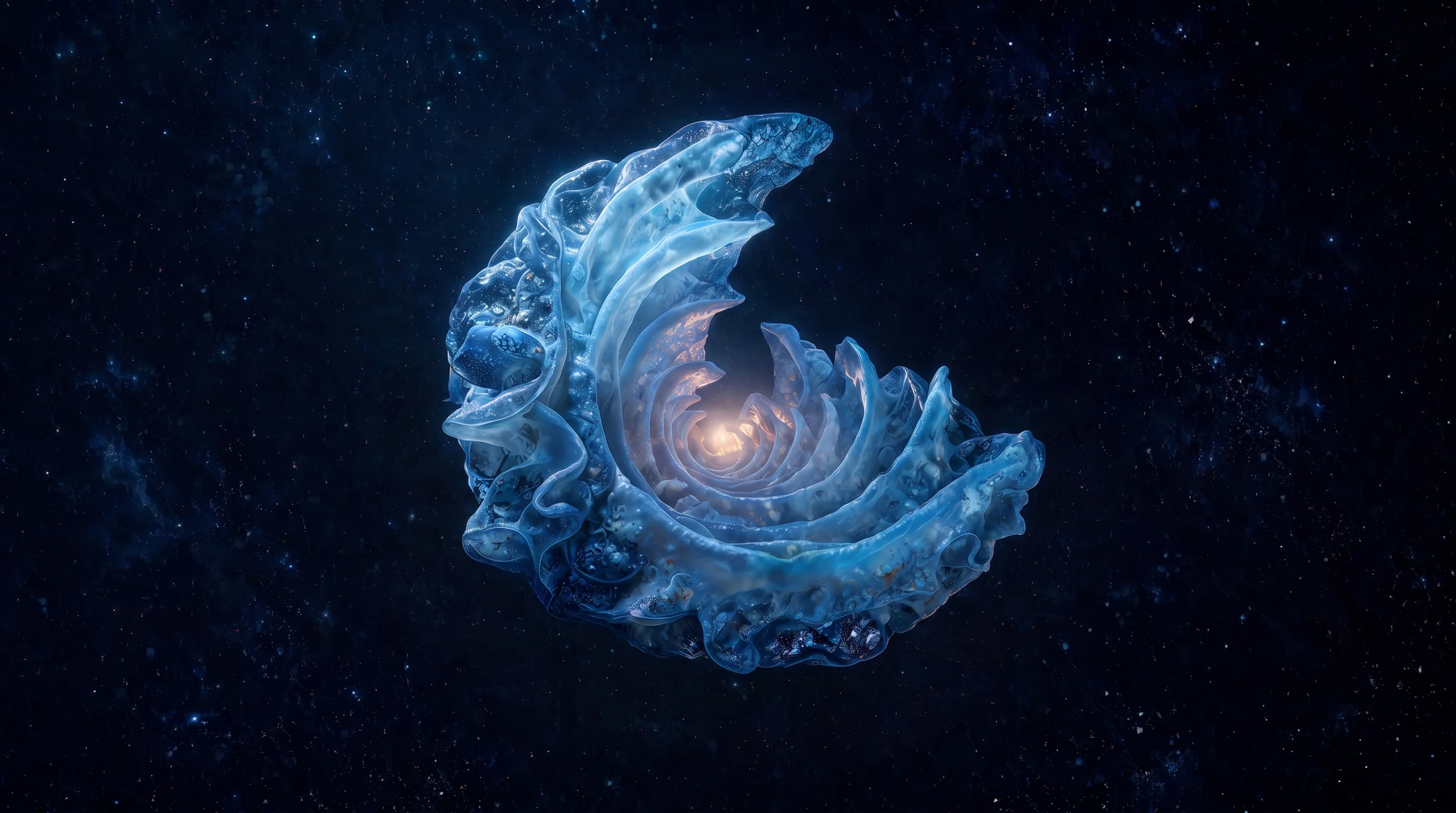 Espiral azul translúcida con una luz cálida en su centro. Artwork de Antes de quedarme.