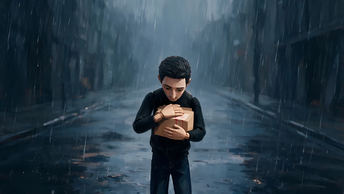 Un hombre abraza una caja de recuerdos bajo la lluvia.